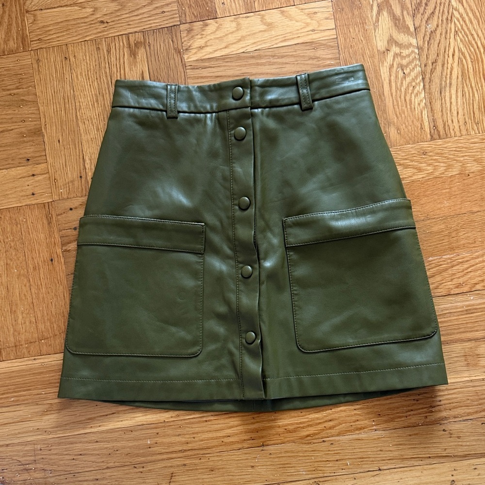 Olive Green Faux Leather Button-Front Mini Skirt